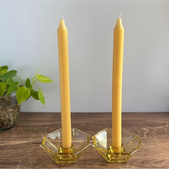 Fostoria 1930s Candle Holders, Yellow Deco Glass Pair - Picture 7 of 11